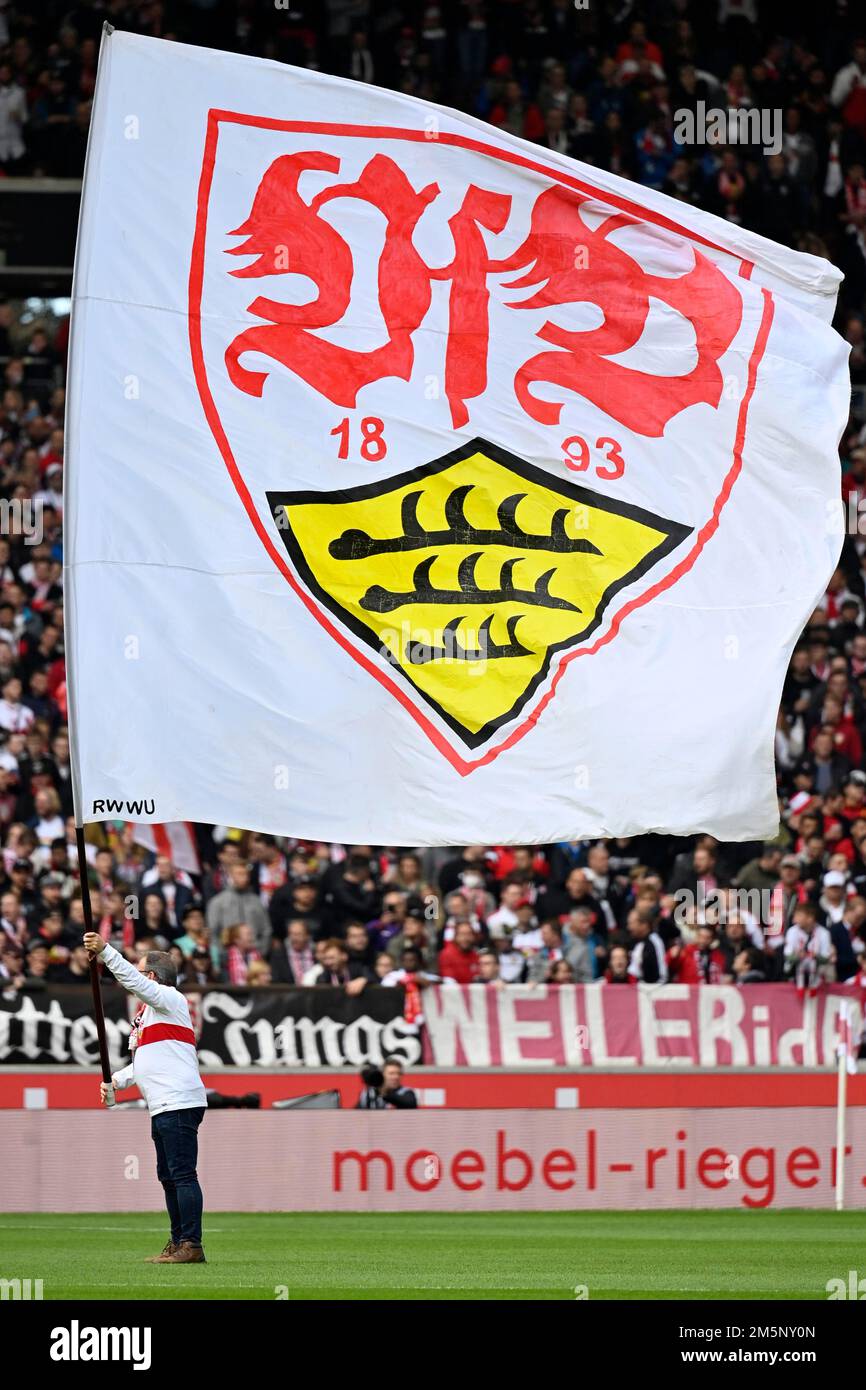 Flag wavers VfB Stuttgart with flag, flag, Mercedes-Benz Arena, Stuttgart, Baden-Wuerttemberg, Germany Stock Photo