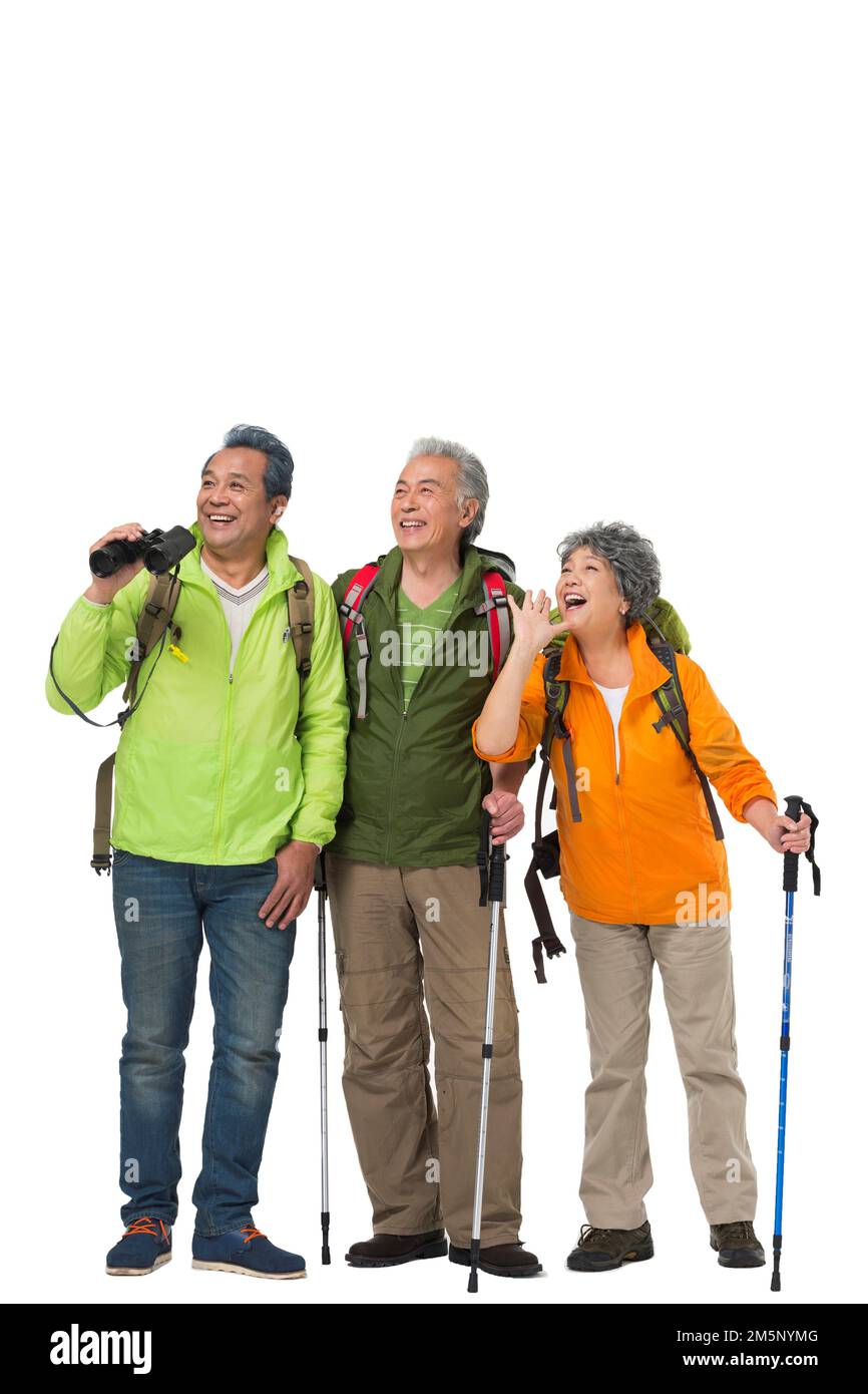 Happy trip to the mountains of the elderly Stock Photo