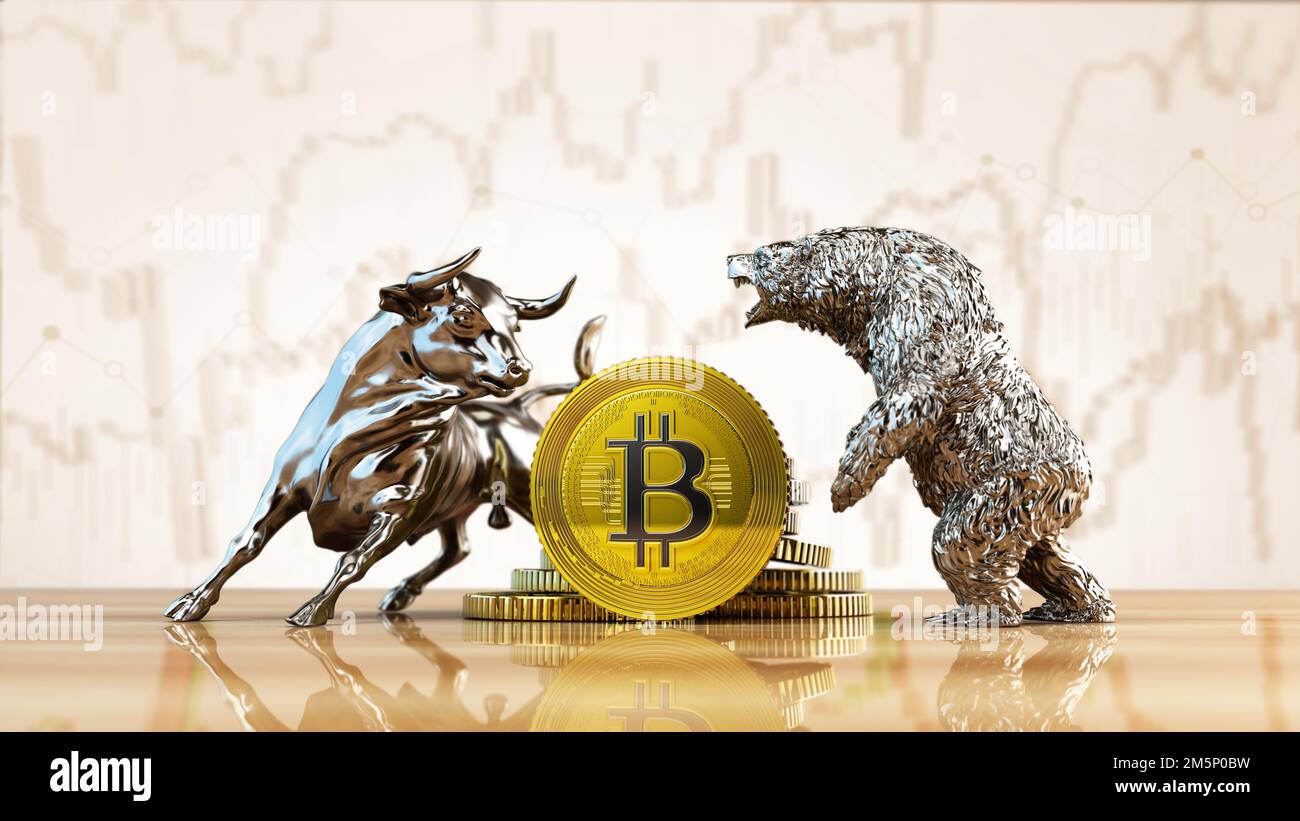 Silver bull and bear standing near generic Bitcoin cryptocurrencies. Stock  charts in the background. 3D illustration Stock Photo - Alamy