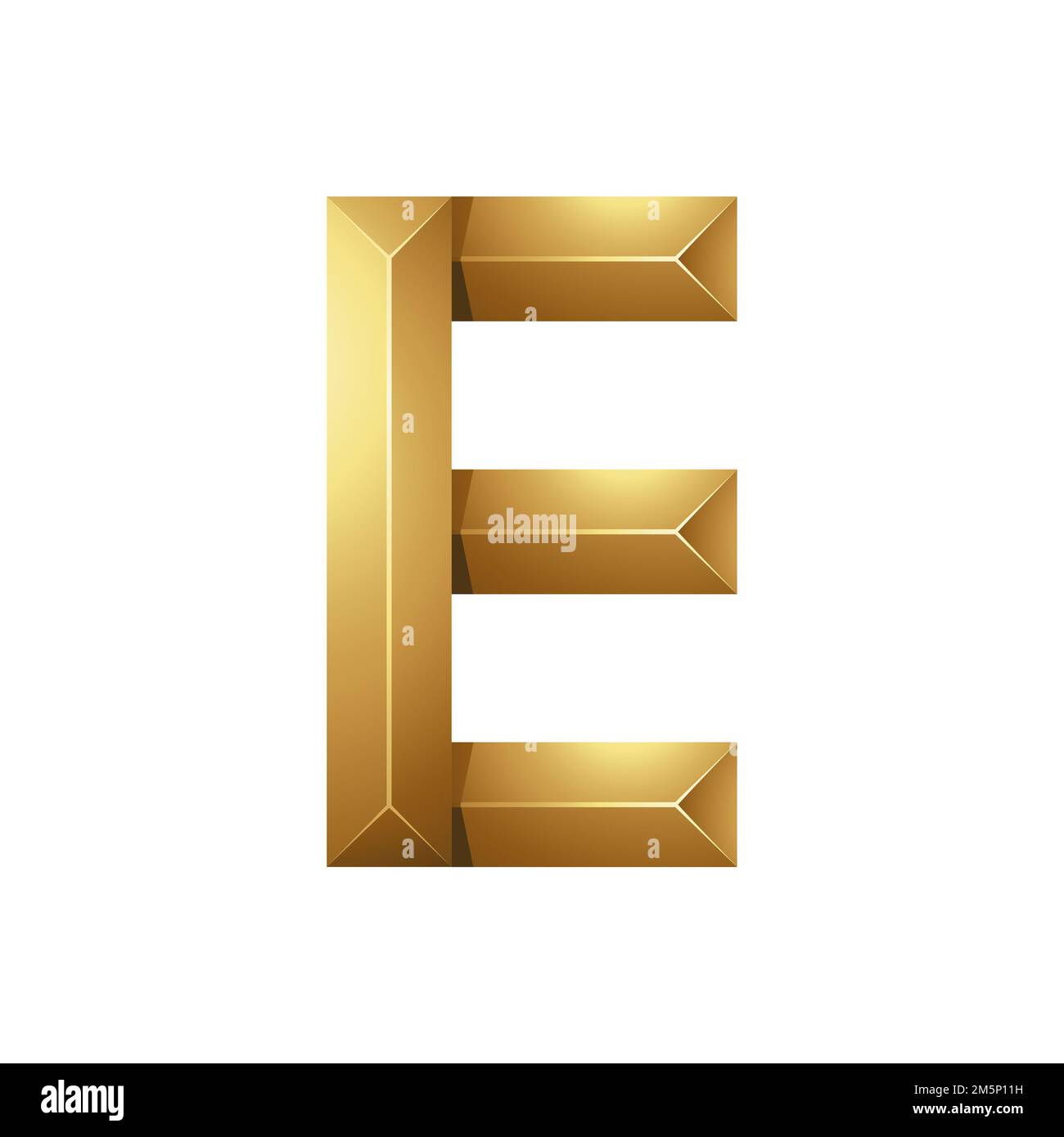 Golden Letter E Made of Pyramidical Rectangles on a White Background Stock Photo