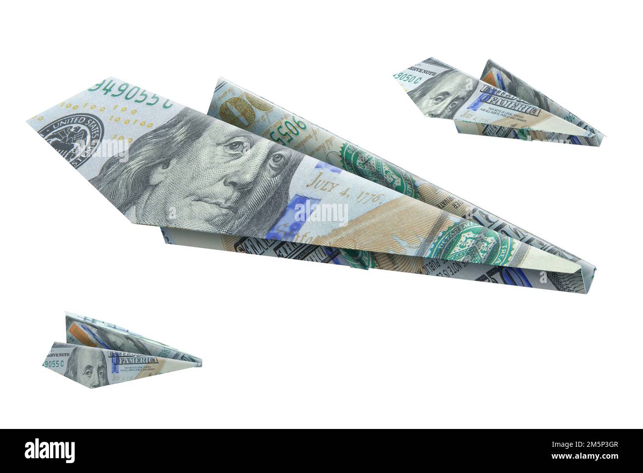 100 US dollars banknote airplane origami isolated white background. One hundred american dollars paper airplanes. Money transfer market, banking, tran Stock Photo