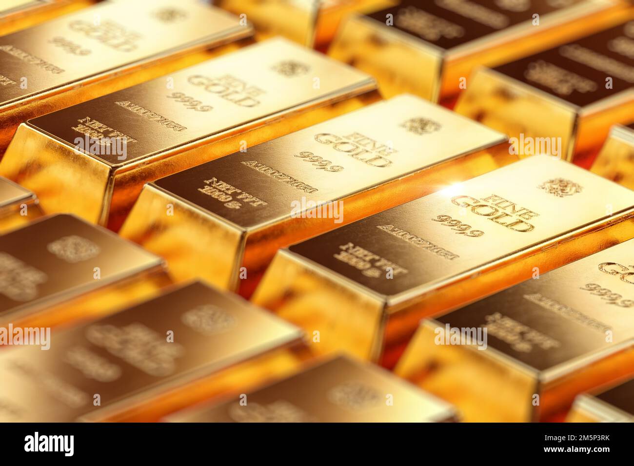 Stack of pure gold bullion bars in bank vault storage. 1kg 999,9 Fine Gold bar ingots background. Precious metal investment, finance banking business Stock Photo