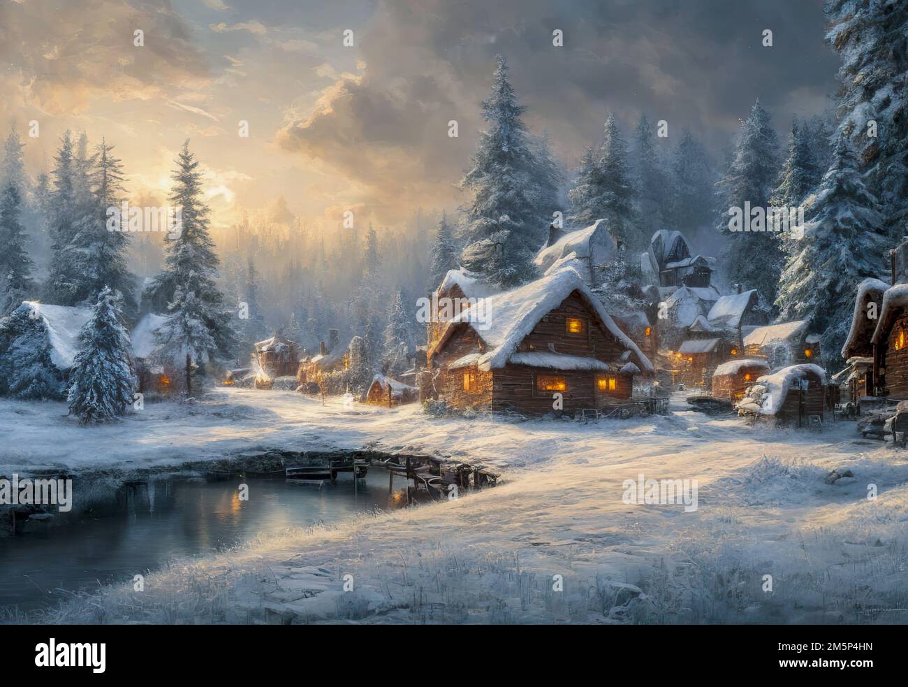Winter town with mountains landscape. village with Snow in vintage style. Digital art Stock