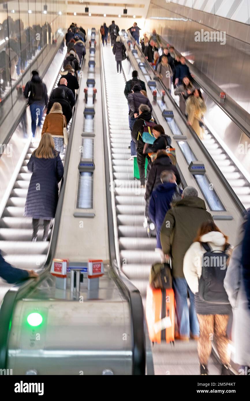 People ascending the escalator at an Elizabeth Line underground station in London England UK   KATHY DEWITT Stock Photo