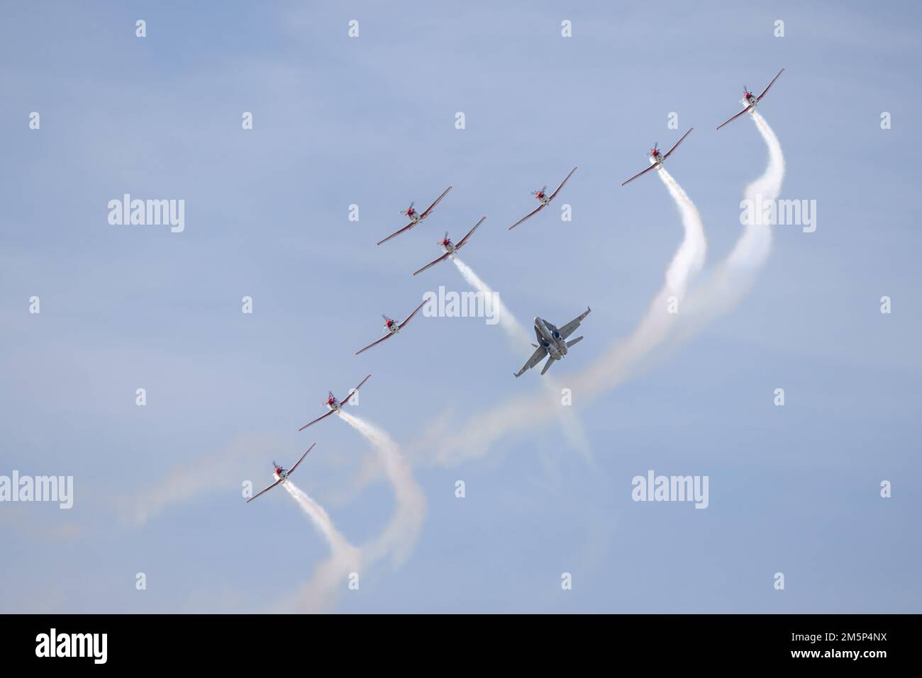 Swiss Air Force PC-7 aerobatic display team flying in formation with a Swiss F/A-18C Hornet at the 2022 Royal International Air Tattoo Stock Photo