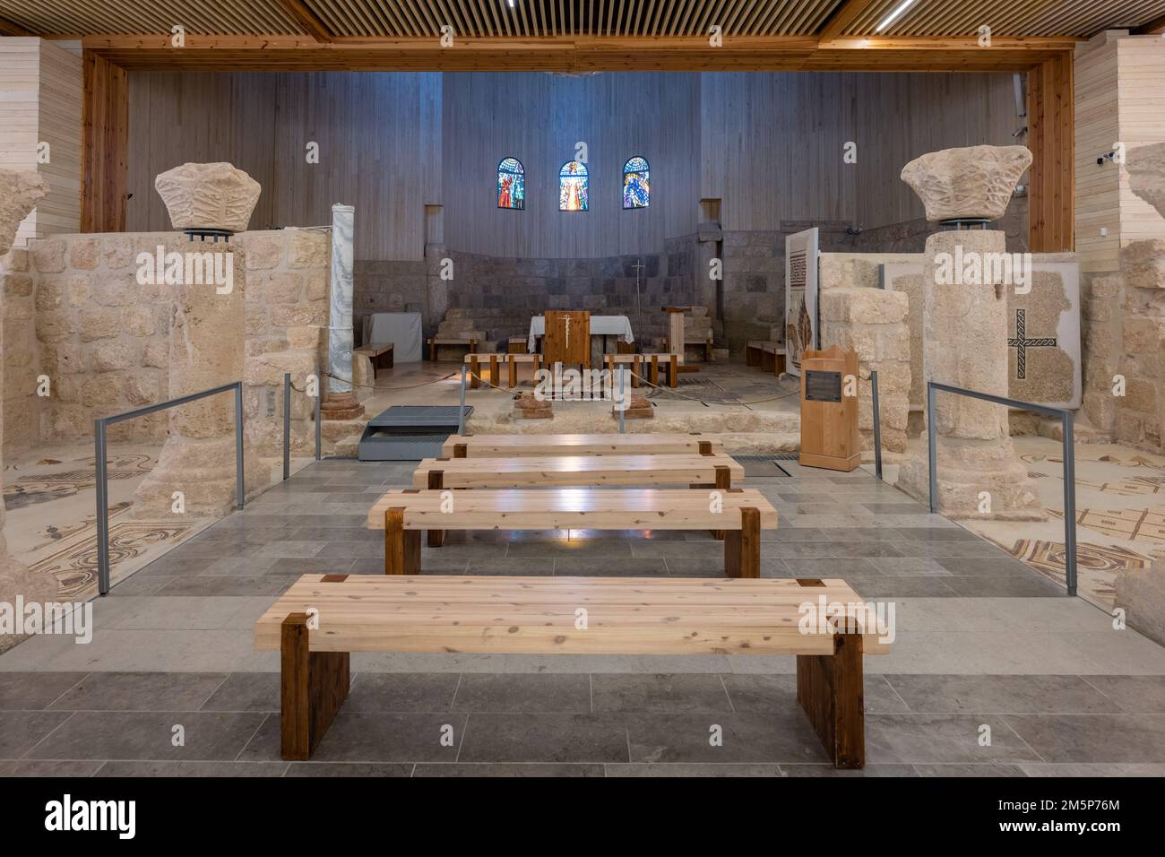Khirbet al-Mukhayyat, Jordan - October 26 2022: Memorial Church of Moses on Mount Nebo Interior Stock Photo