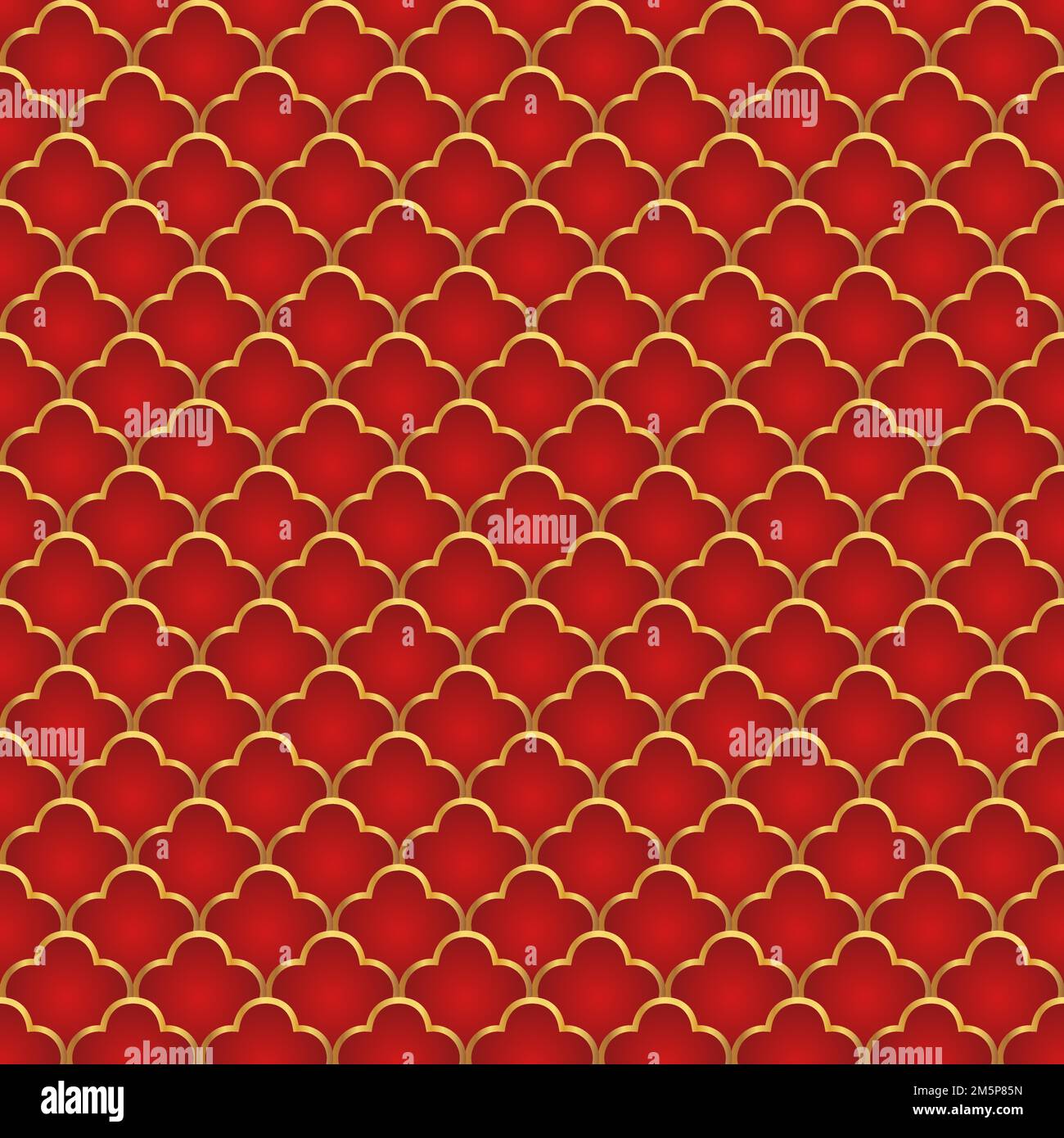 Traditional chinese fish scale seamless pattern. Red golden asian