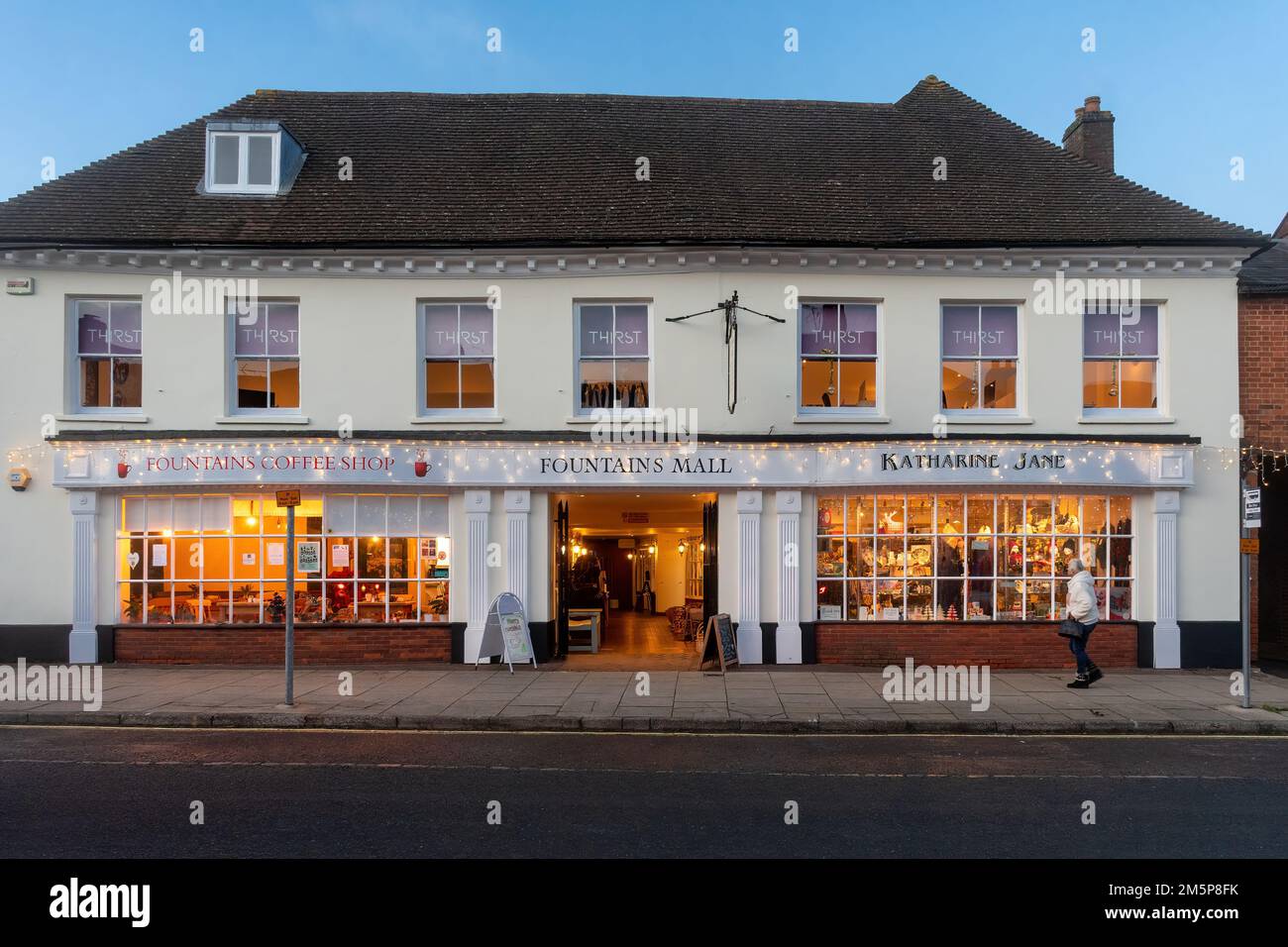 Christmas lights at dusk in Odiham High Street, a Hampshire village