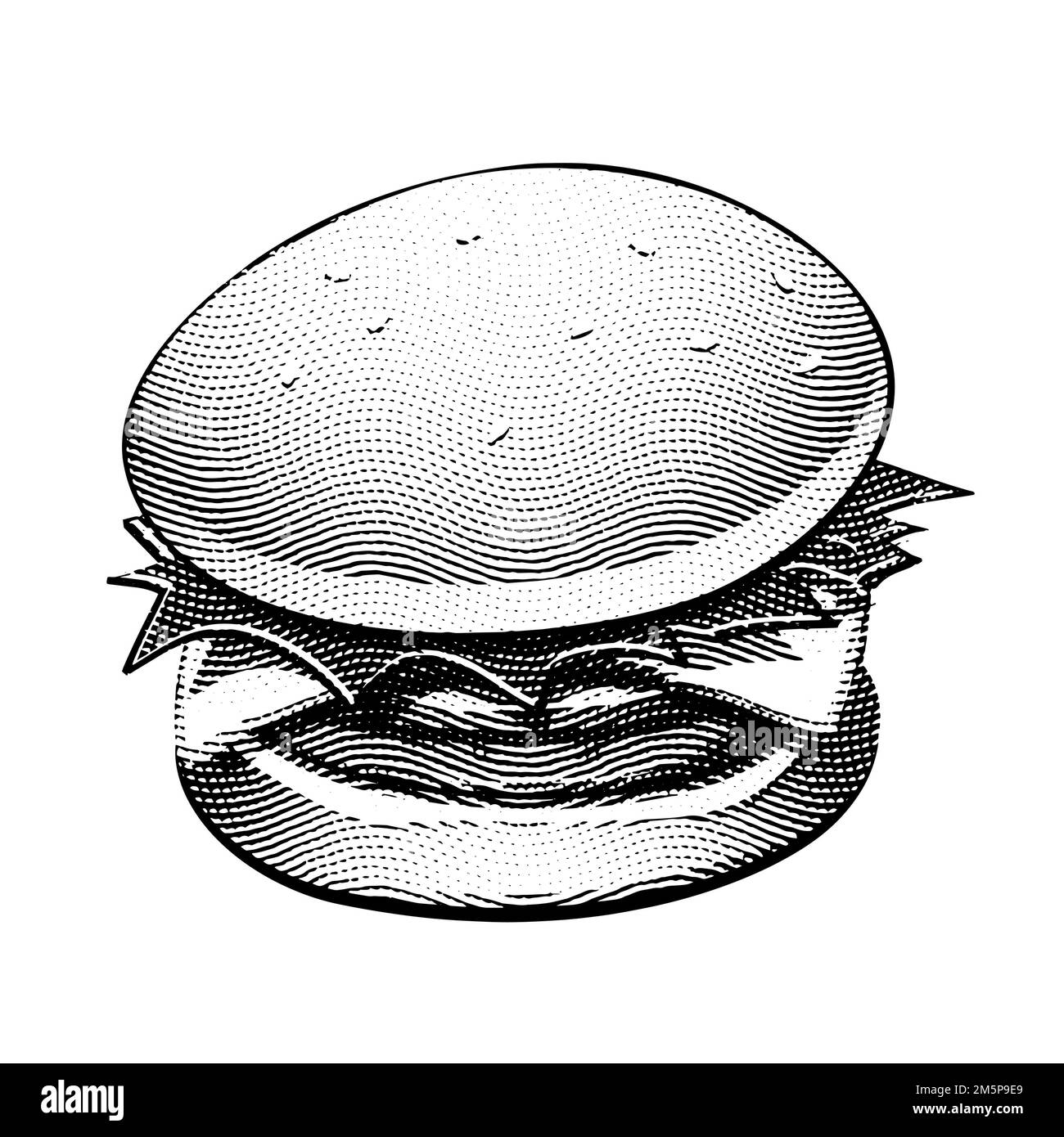 Illustration of Scratchboard Engraved Burger on White Background Stock