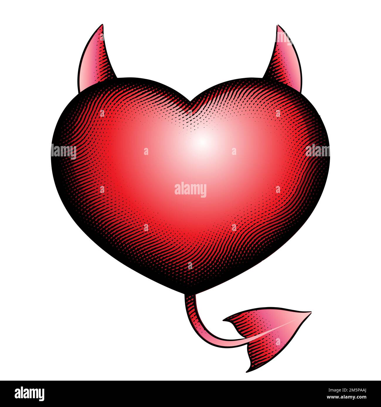 Illustration of Scratchboard Engraved Evil Heart with Red Fill isolated