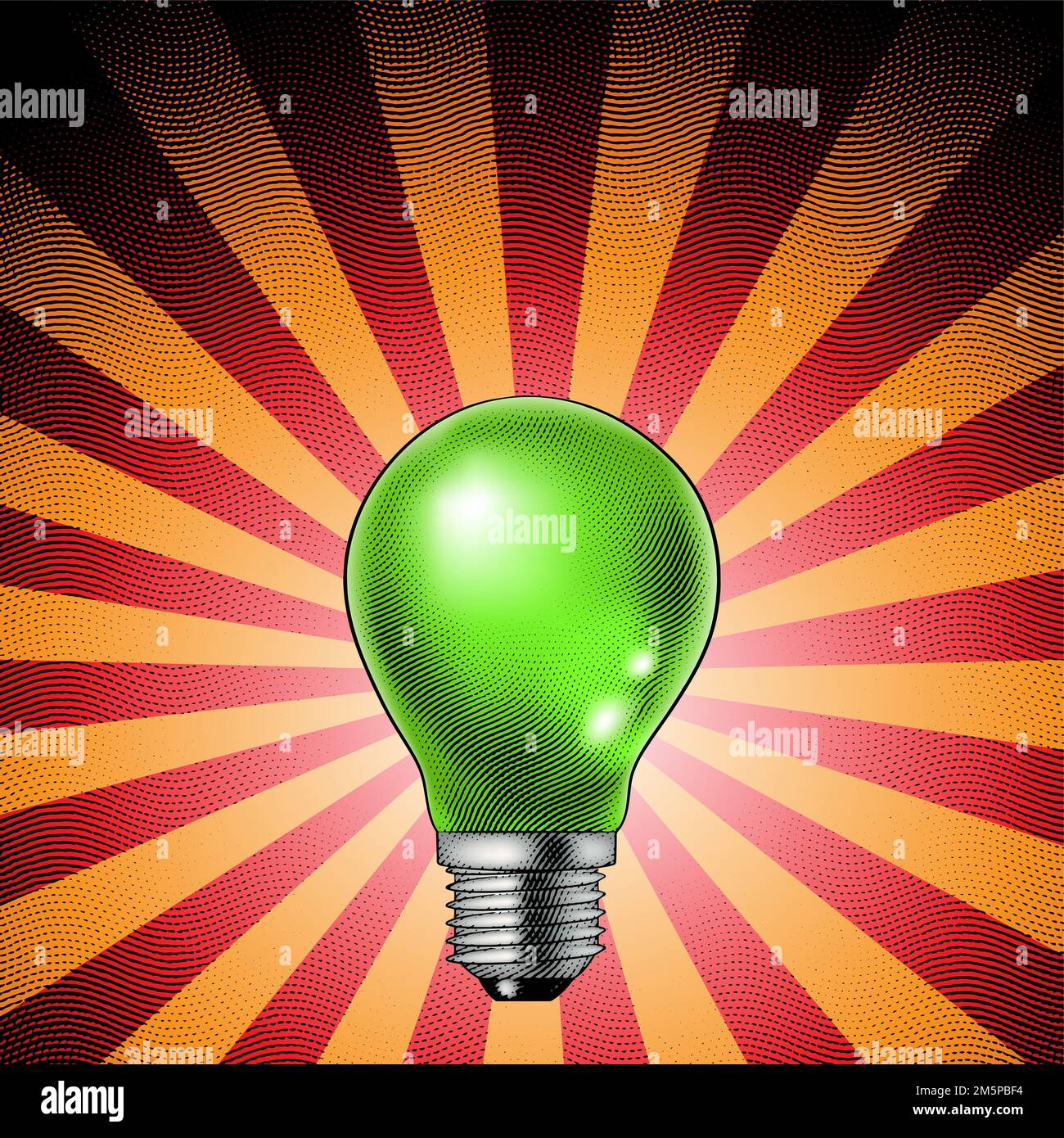Illustration of Scratchboard Engraved Lightbulb over a Red Striped