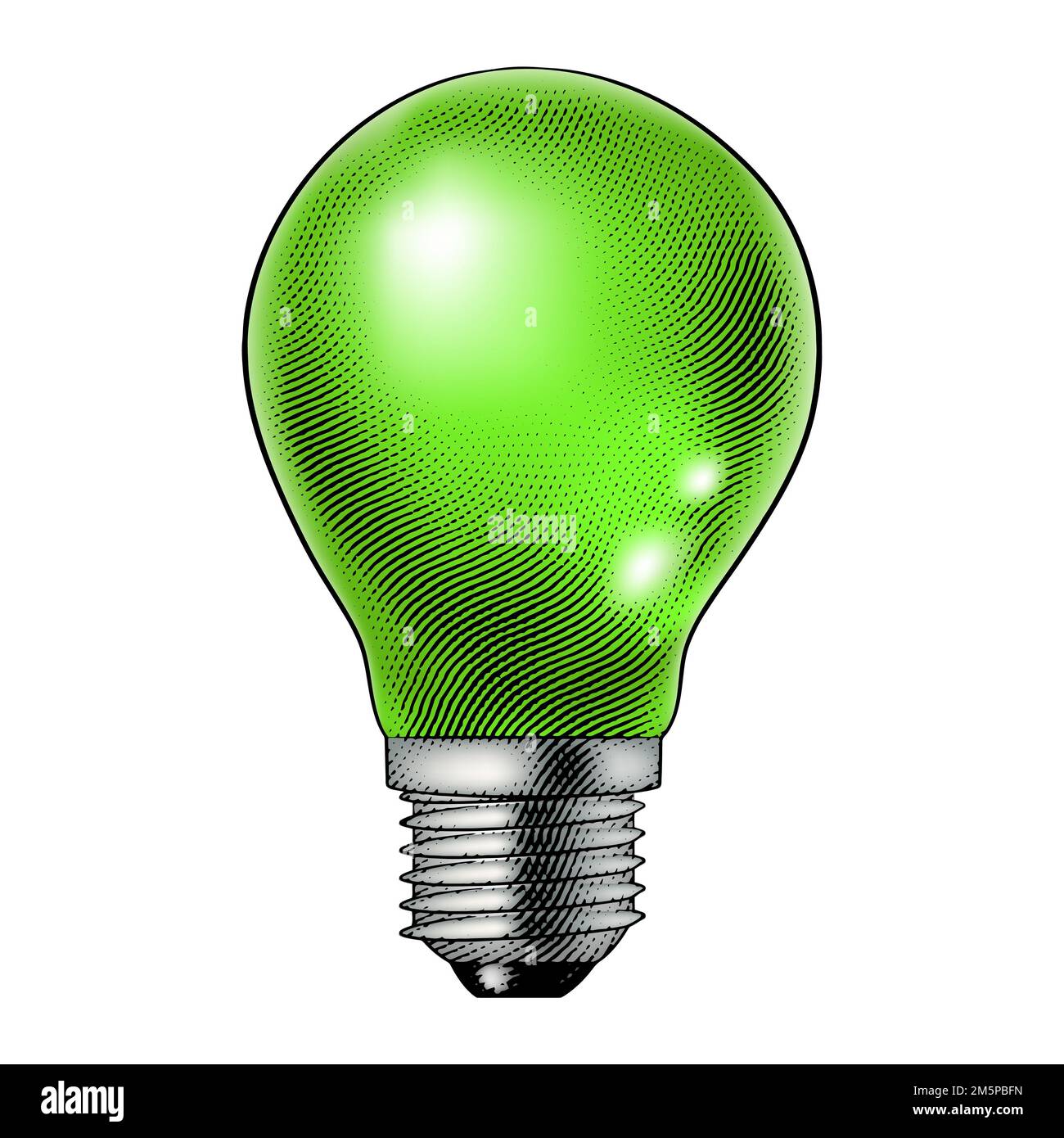 Illustration of Scratchboard Engraved Lightbulb with Green Fill Stock
