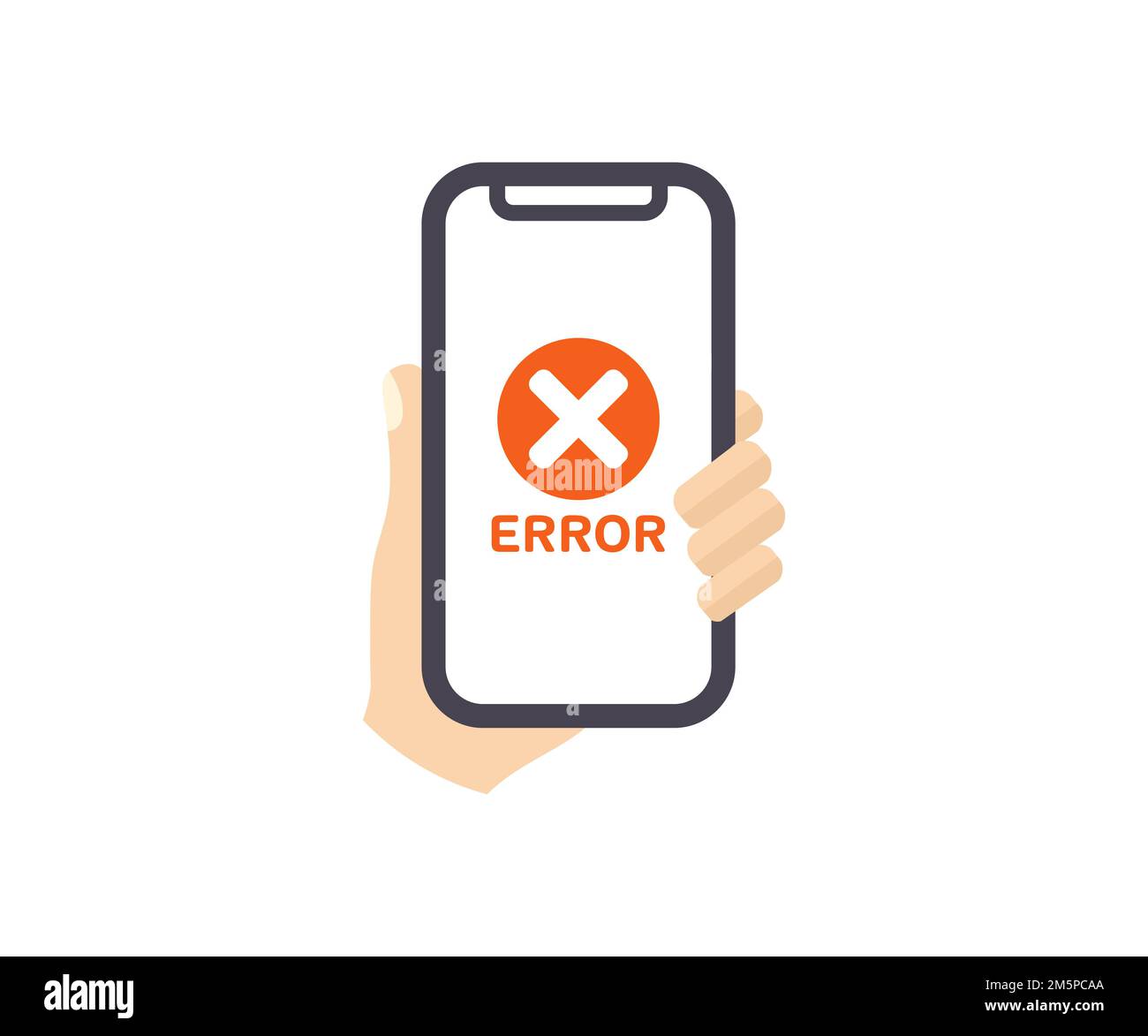 Hand holding phone with error  logo design. Alert message mobile notification. Close icon, Delete sign and symbol, cross sign vector design. Stock Vector