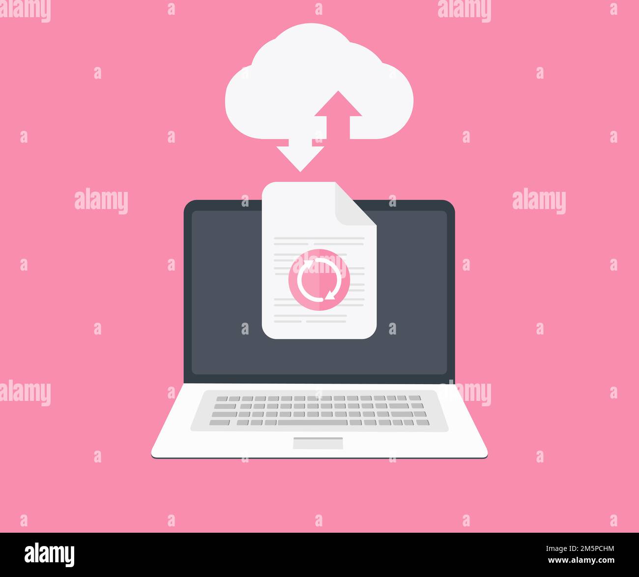 Cloud computing technology. Upload and download files, using laptop logo design. Big data, internet of things, business processes, various storage. Stock Vector