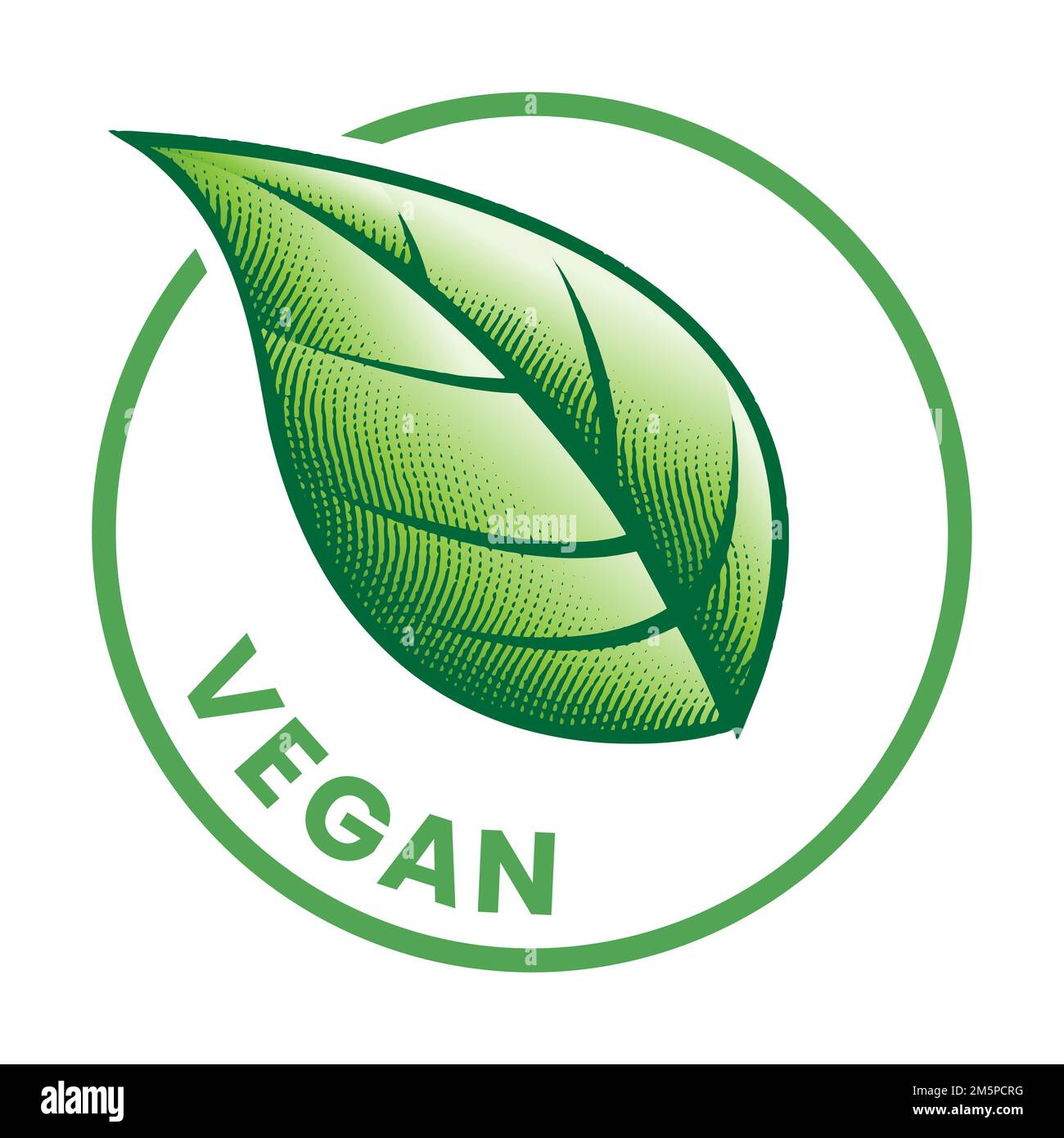 Vegan Engraved Round Icon with a Green Leaf isolated on a White ...