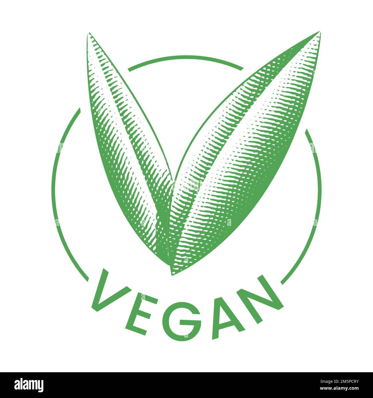 Vegan Round Icon with Engraved Green Leaves isolated on a White ...