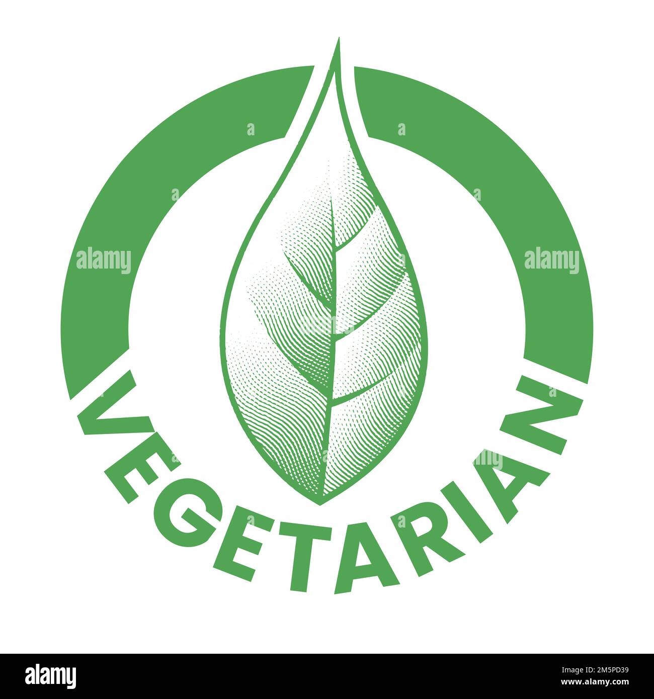 Vegetarian Engraved Round Icon with Green Leaf isolated on a White ...
