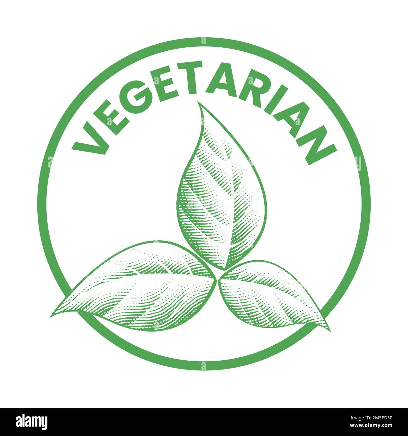 Vegetarian Round Icon with Shaded Engraved Green Leaves isolated on a ...