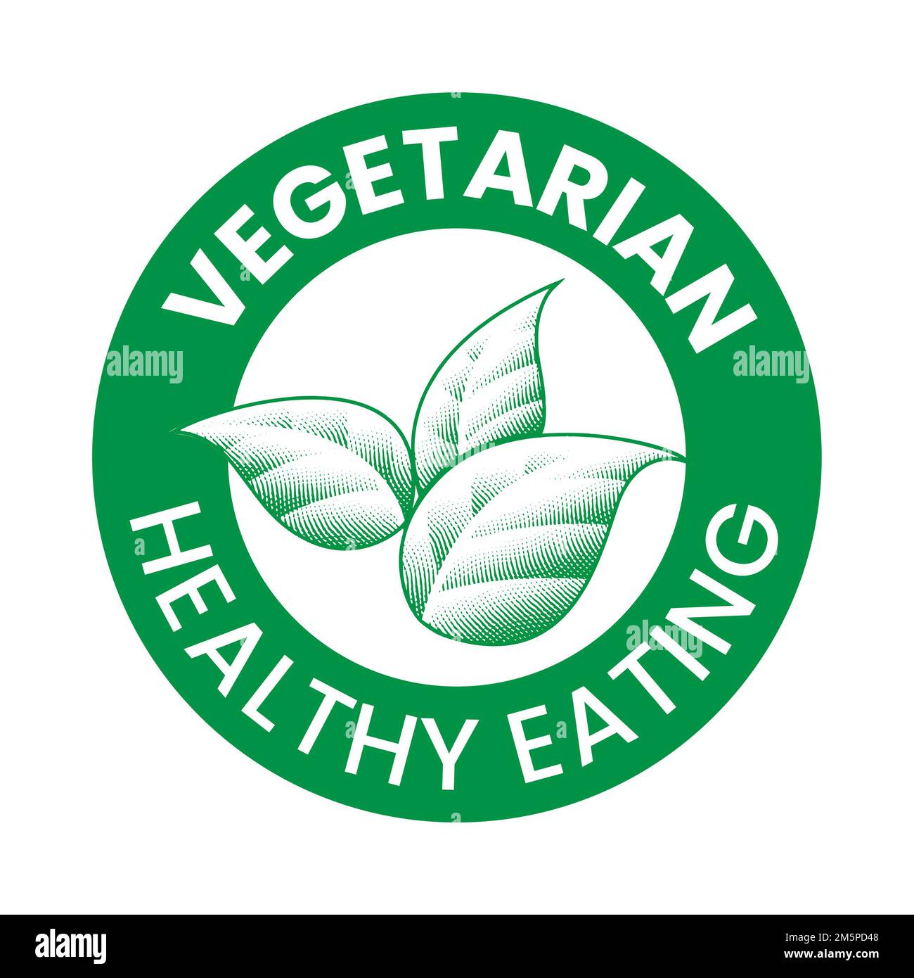 Vegetarian Plant Based Engraved Round Icon with Green Shaded Leaves ...