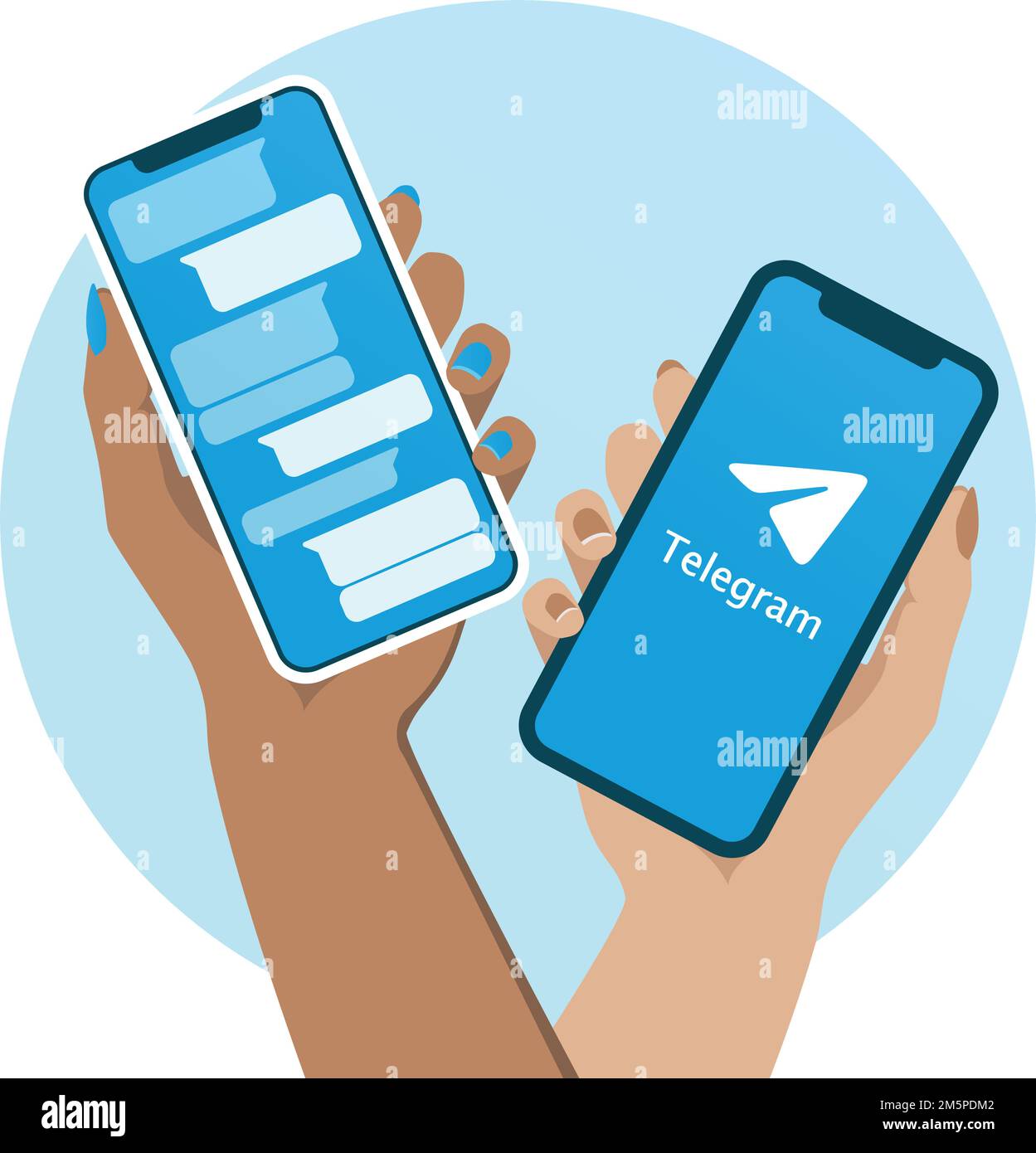 Two hands of woman holding smartphones with Telegram app chat screen. Vector illustration. Flat colors. Stock Vector