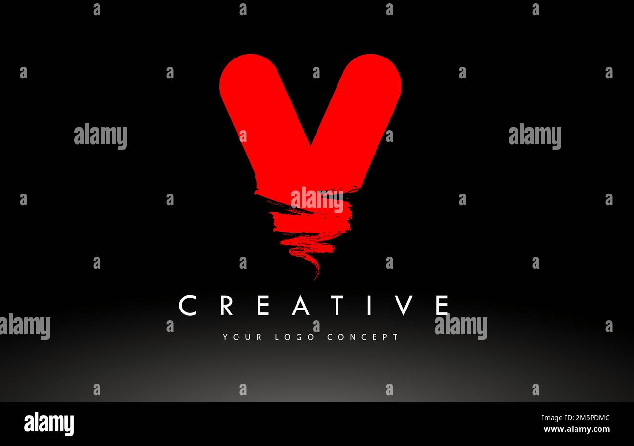 V Brushed Letter Logo. Red  Brush Letters design with Artistic Brush stroke design. Stock Vector