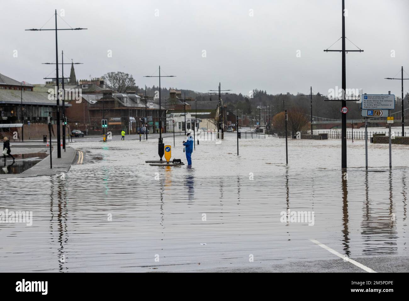 Flooded roads in Whitesands, Dumfries. An amber weather warning of