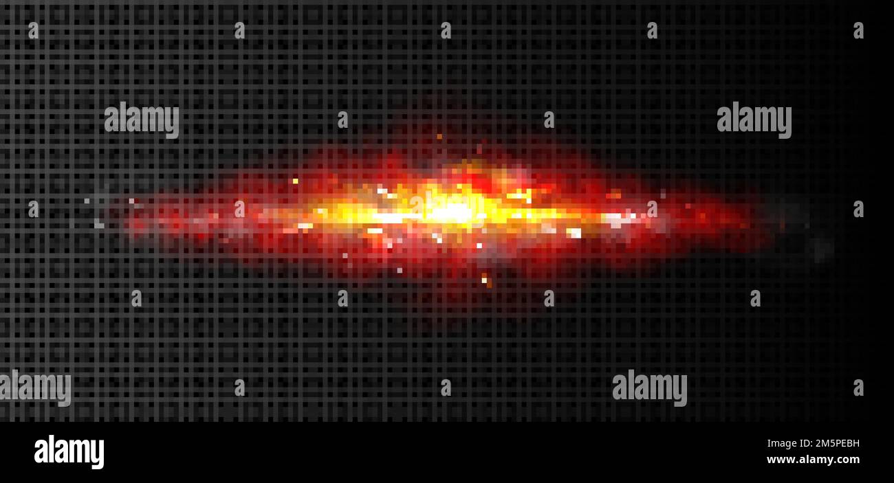 Explosion effect with fire, sparks and smoke. Burst with bright yellow light and sparkles. Bomb explode with flame, glow and steam isolated on transpa Stock Vector