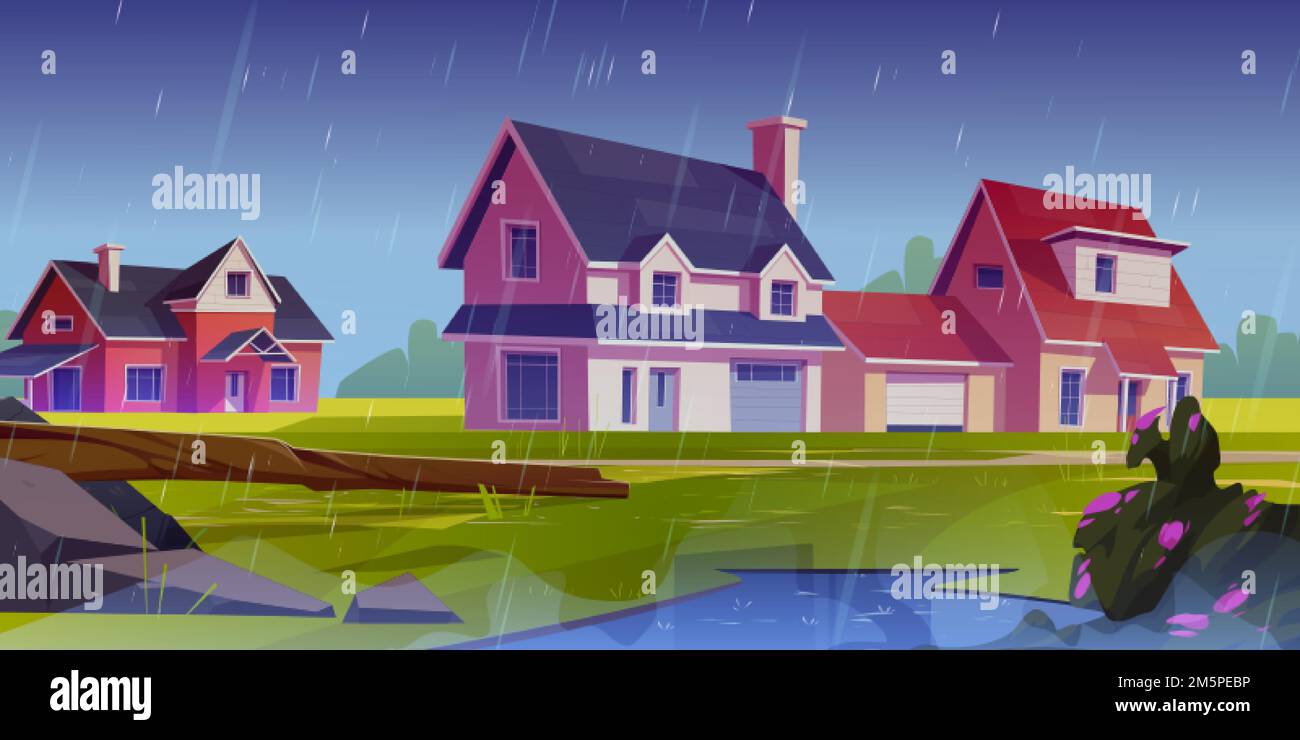 Rainy weather in countryside. Cartoon vector illustration of cottage ...