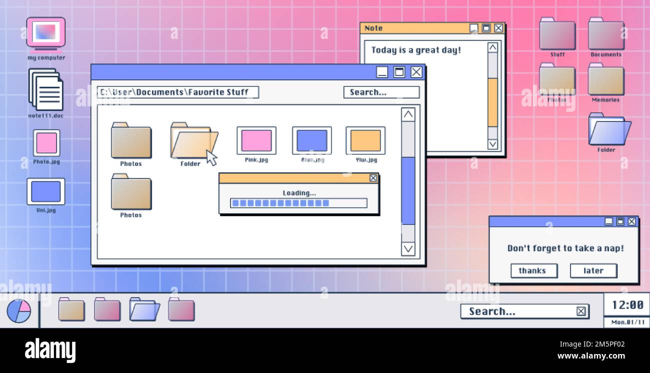 Computer screen with 90s retro software windows open on desktop. Vector ...