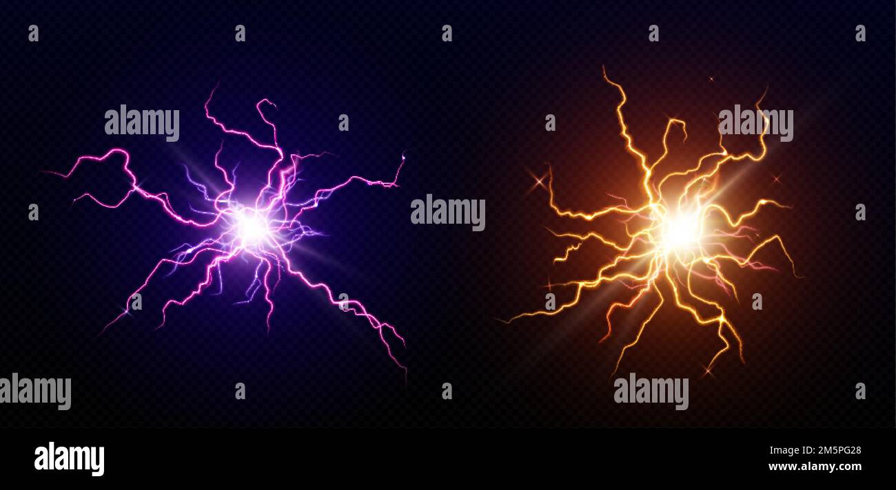 Lightning balls, circle electric energy bolt. Sparking purple and
