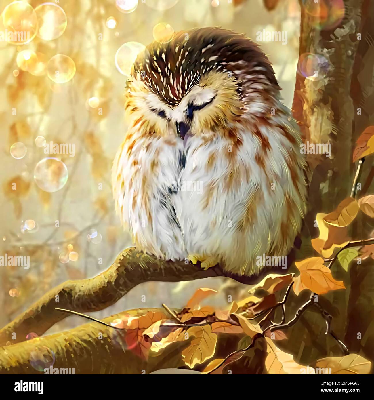 an owl sleeping on a tree branch in autumn Stock Photo