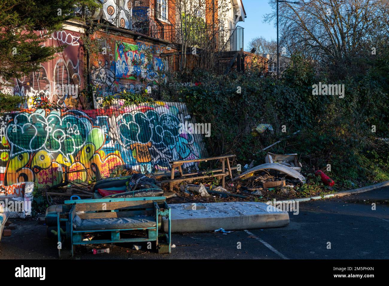 Rubbish fly tipped outside closed down and vandalised Grove pub