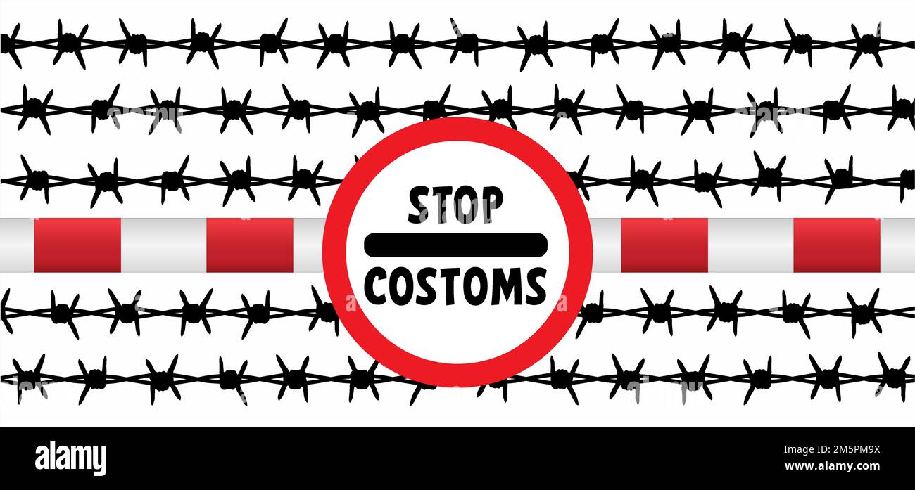 Cartoon slogan stop customs in a old zoll douane signboard. Vector barrier gate sign, Border and customs control. For tourism, refugees, immigrant or Stock Photo