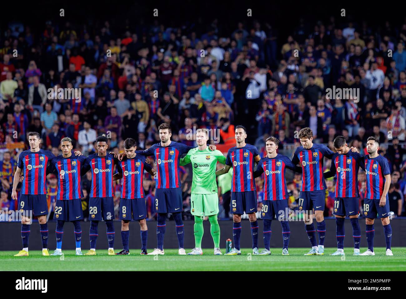 BARCELONA - OCT 9: Barcelona players stand together prior to the LaLiga match between FC Barcelona and RC Celta at the Spotify Camp Nou Stadium on Oct Stock Photo