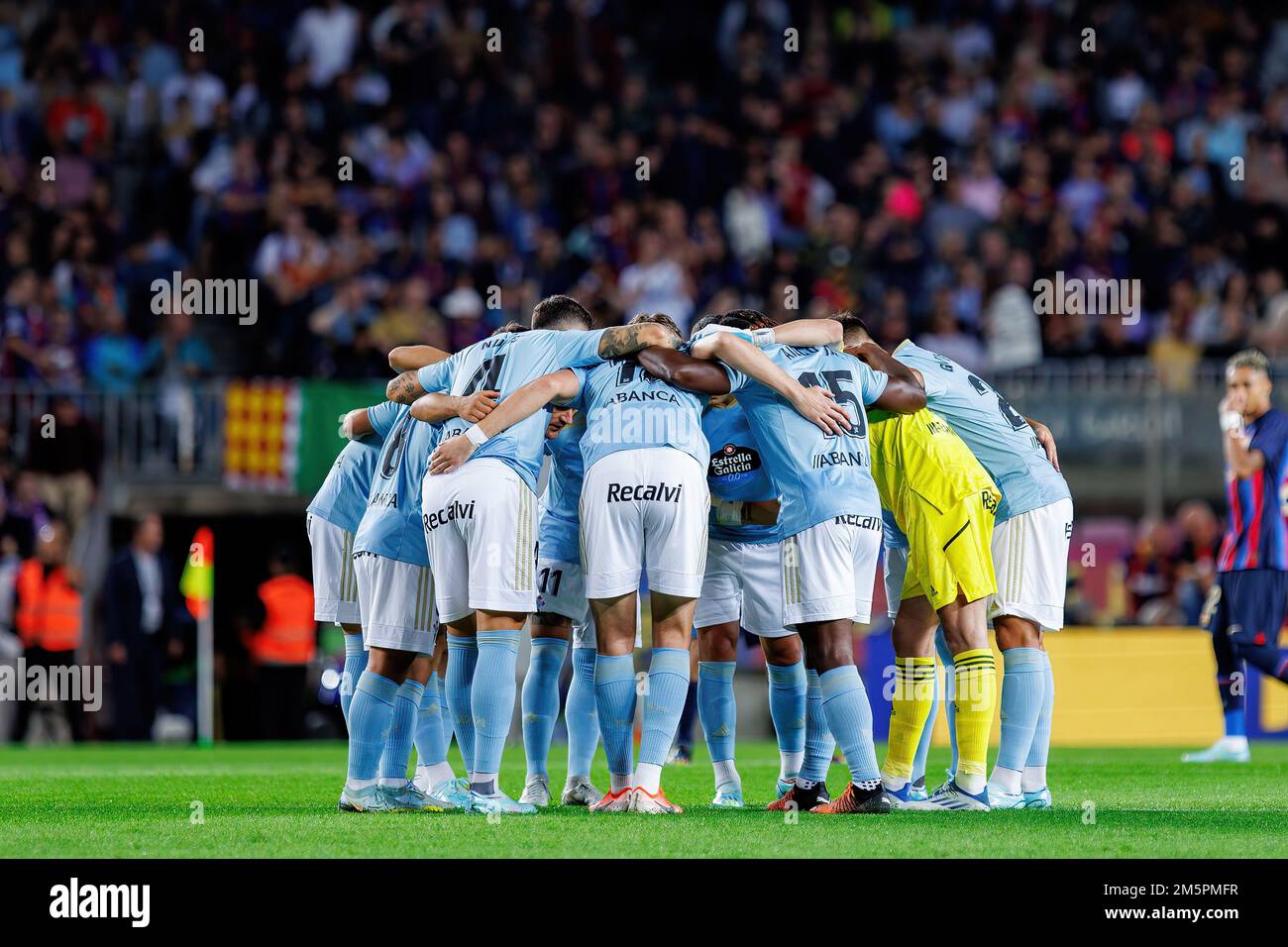 BARCELONA - OCT 9: Celta players concentrate prior to the LaLiga match between FC Barcelona and RC Celta at the Spotify Camp Nou Stadium on October 9, Stock Photo