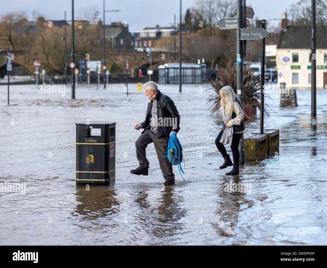 Flooded roads in Whitesands, Dumfries. An amber weather warning of
