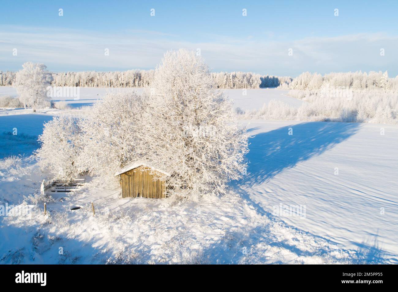 An aerial of an old abandoned building during a sunny winter day in rural Estonia, Northern Europe Stock Photo