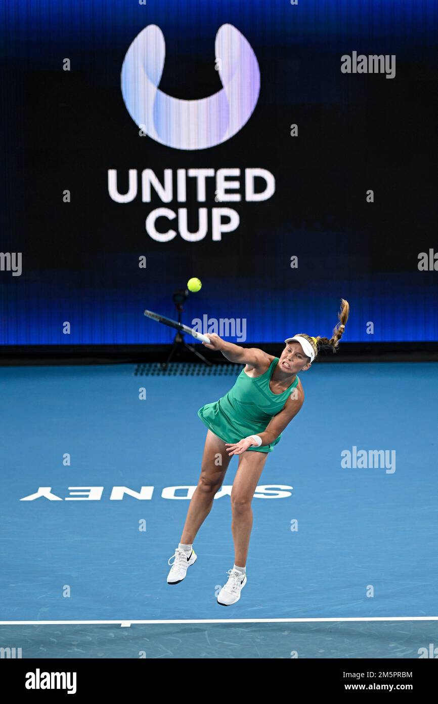 30th December 2022;  Ken Rosewall Arena, Sydney, NSW, Australia: United Cup Tennis, Day 2, Australia versus Great Britain; Maddison Inglis of Australia serves to Harriet Dart of Great Britain Stock Photo