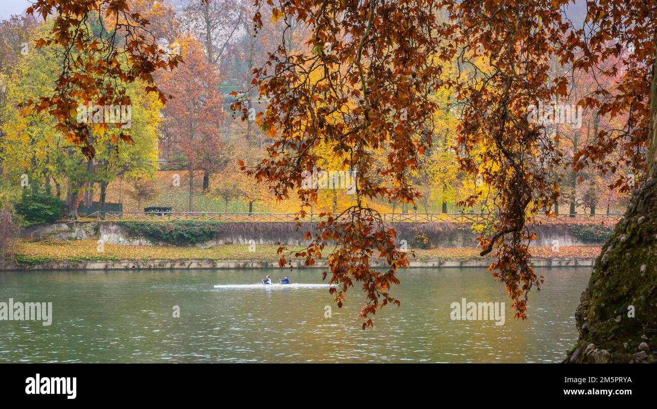Parco del Valentino on the Banks of the Po River in the city of Turin, Piedmont, northern Italy - Europe - autumnal landscape Stock Photo