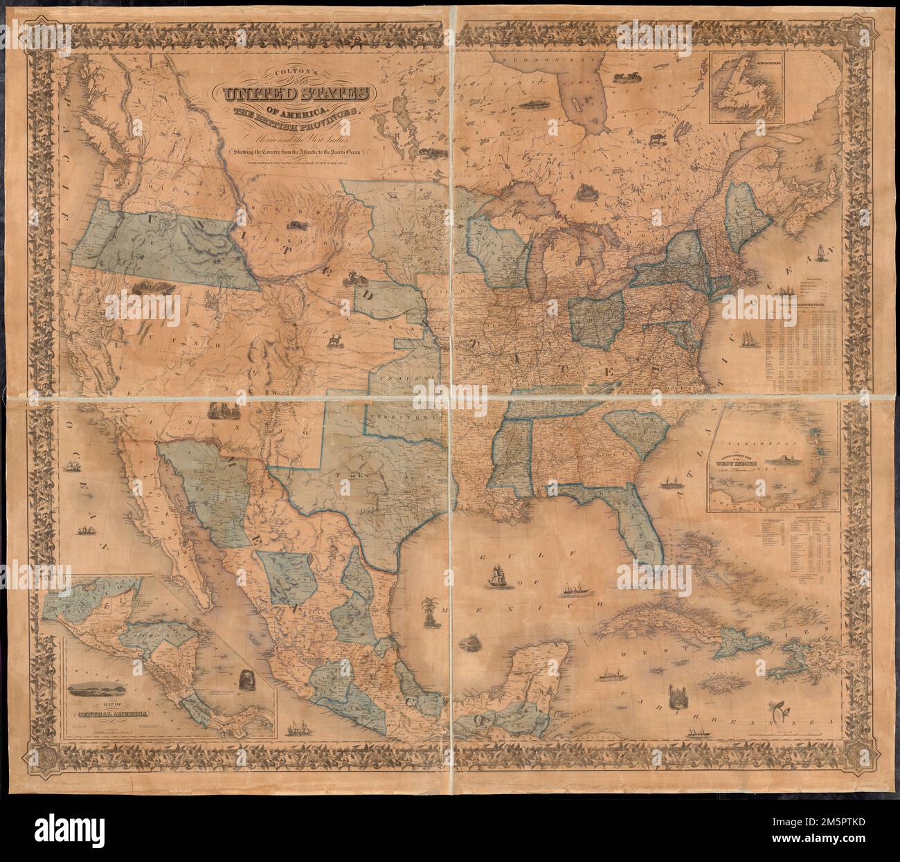Colton 39 s map of the United States - Coltons Map Of The United States Of America The British Provinces Mexico And The West Indies Showing The Country From The Atlantic To The Pacific Ocean Relief Shown By Hachures Prime Meridians Greenwich And Washington Dc Insets Map Of Central America The South Eastern Part Of The West Indies Map Of Newfoundland Includes Statistics Of The United States Table Of Distances Illustrations And Decorative Border Entered According To Act Of Congress February In The Year 1853 By Joseph H Coulton America Transformed During The 1840s And Early 1850s The Political Geography 2M5PTKD 