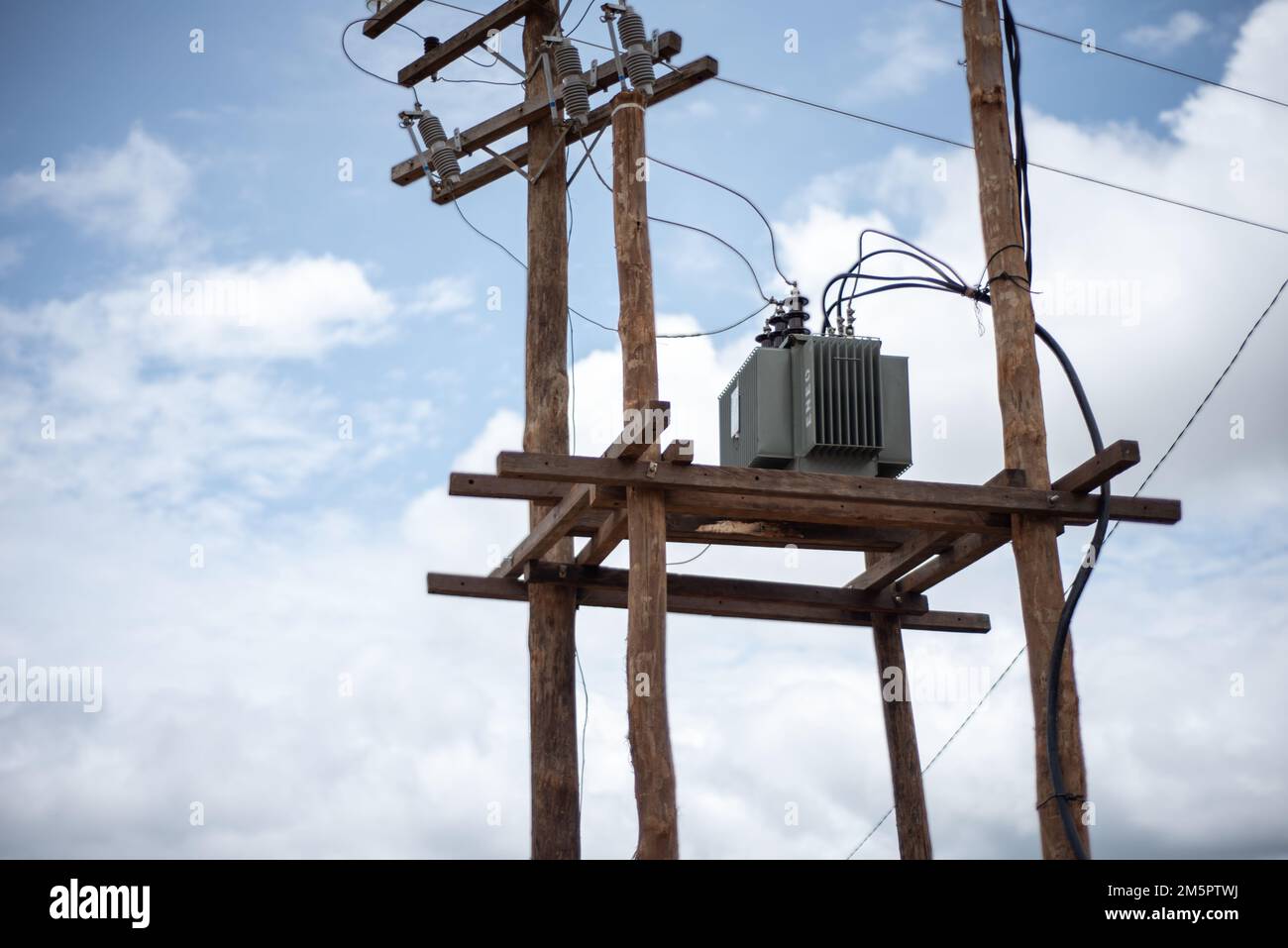 Transformer on a wooden scaffold is central Africa Stock Photo