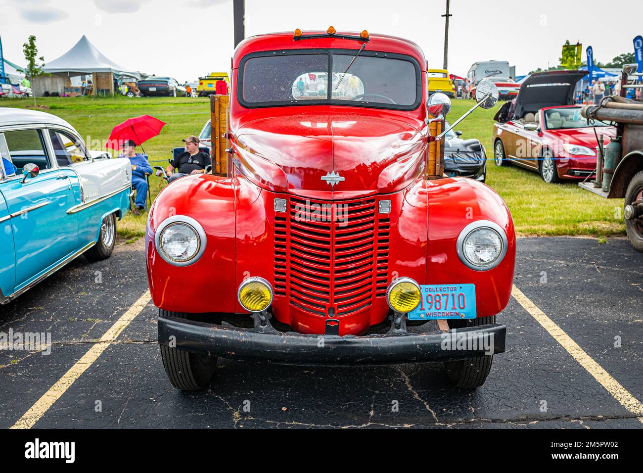 Iola, WI - July 07, 2022: High perspective front view of a 1946 International Harvester KB-1 Pickup Truck at a local car show. Stock Photo
