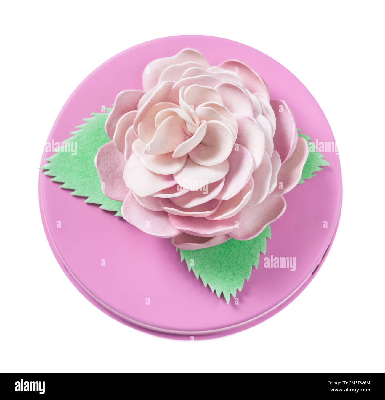 Pink decorated round gift box isolated on white. Stock Photo