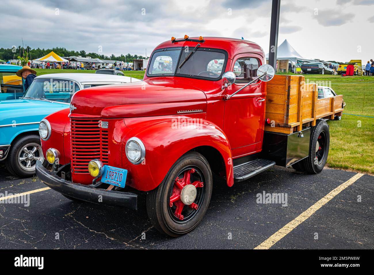 Iola, WI - July 07, 2022: High perspective front corner view of a 1946 International Harvester KB-1 Pickup Truck at a local car show. Stock Photo