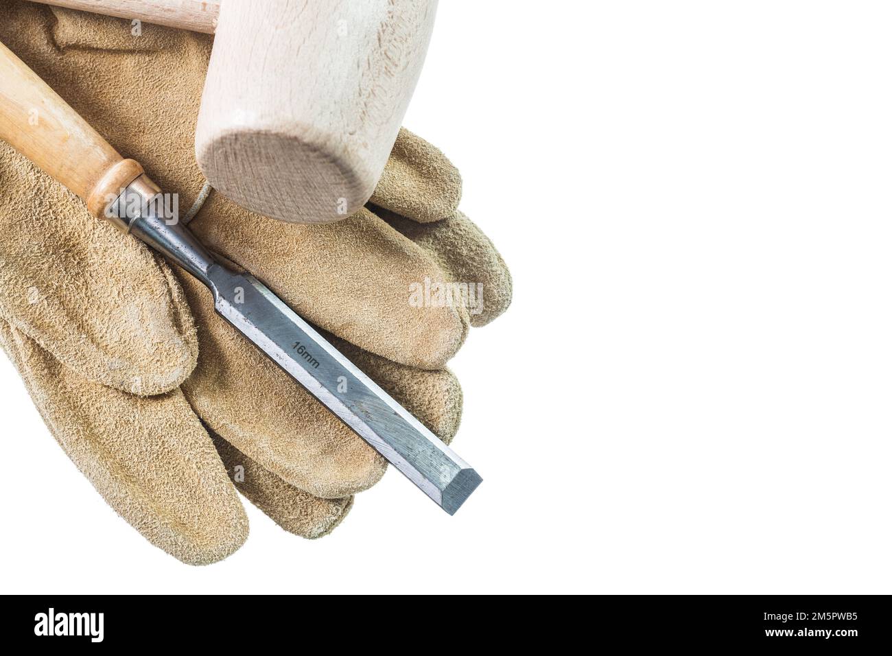Protective gloves chisel wooden mallet isolated on white. Stock Photo