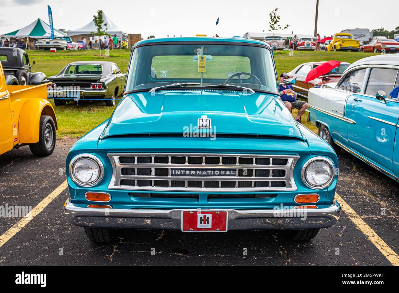 Iola, WI - July 07, 2022: High perspective front view of a 1963 International Harvester C1000 Pickup Truck at a local car show. Stock Photo
