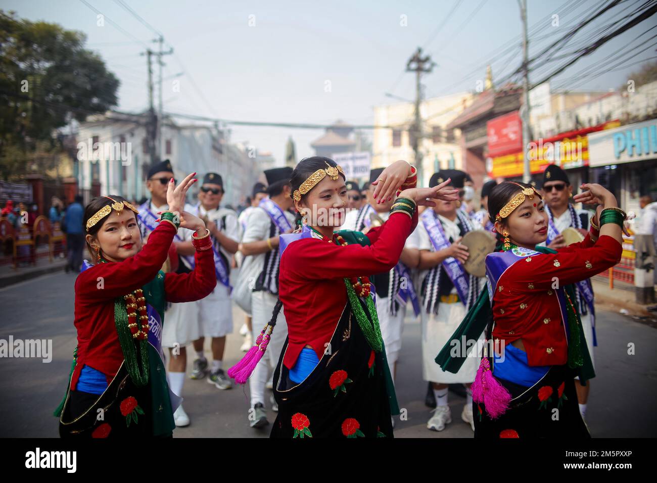 Nepal. 30th Dec, 2022. Girls from Gurung Community performs traditional ...