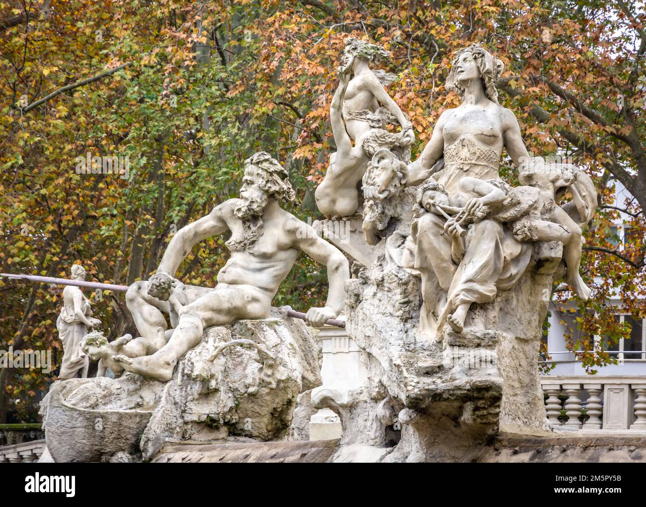 The monumental Fountain of Twelve Months, surrounded by trees in autunno of Valentino Park on the Banks of the Po River, Turin, Piedmont - Italy Stock Photo