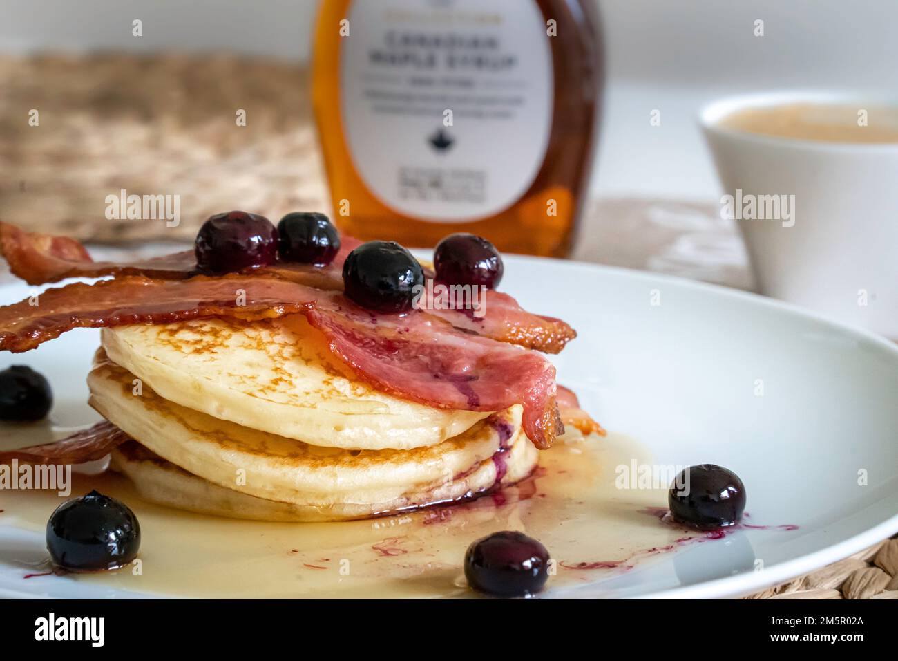 Pancakes and blueberry with maple syrup breakfast meal Stock Photo