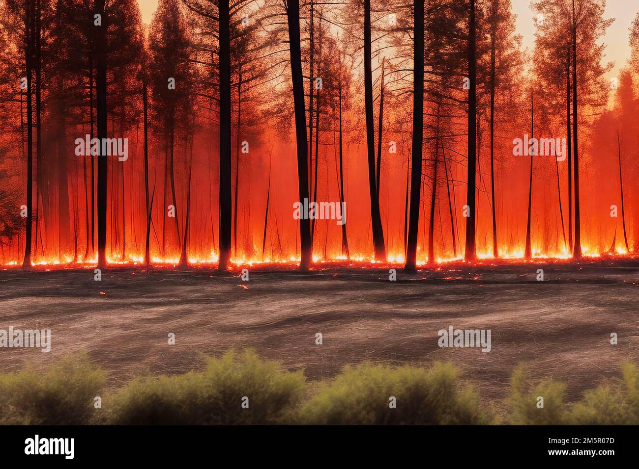 Forest fire with undergrowth on fire between tall dark trees with barren clearing and green bushes in foreground, made with generative AI Stock Photo